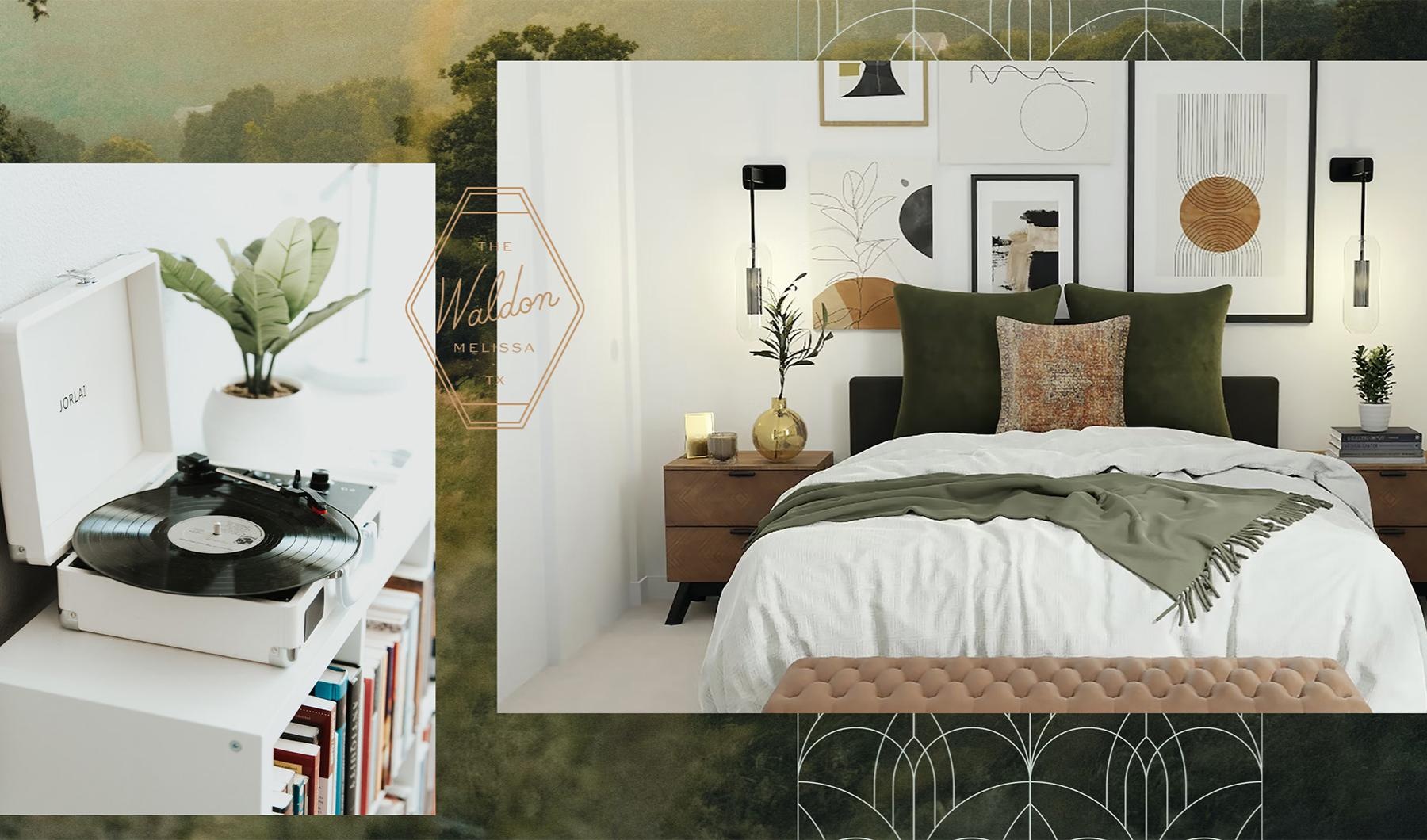 Generous bedroom offerings to fit every family edited image of a bedroom and a vinyl player on top of a brand pattern