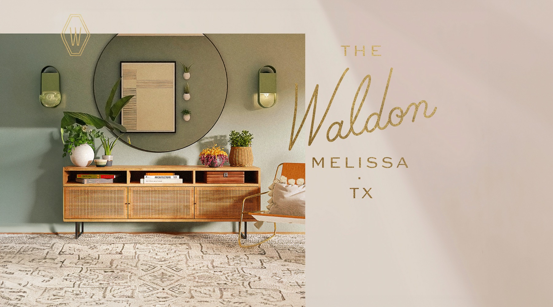 Comfortable. Contemporary. Collected. image of decor with a logo overlay